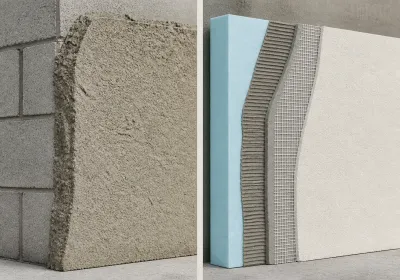 Side-by-side comparison of traditional stucco and EIFS wall construction