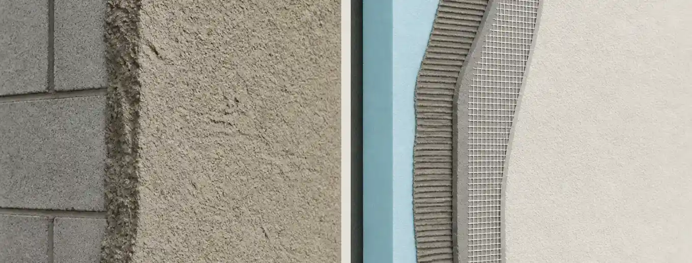 Side-by-side comparison of traditional stucco and EIFS wall construction