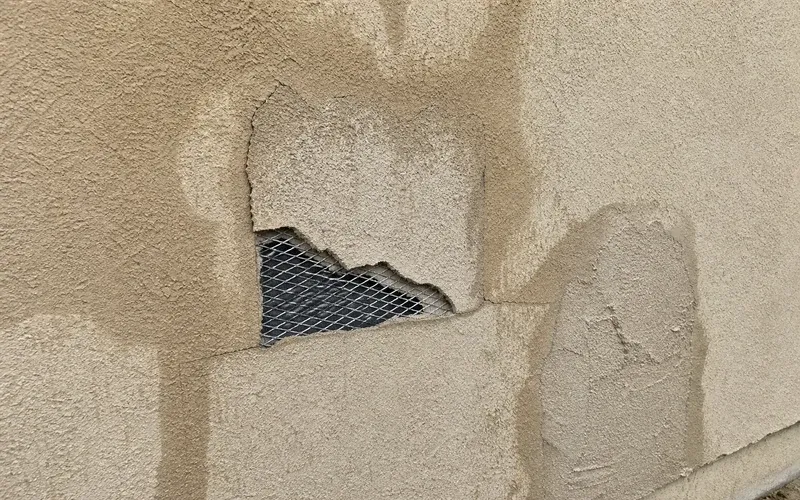 Stucco cut back to metal lath, with water staining spread across a wider section of wall