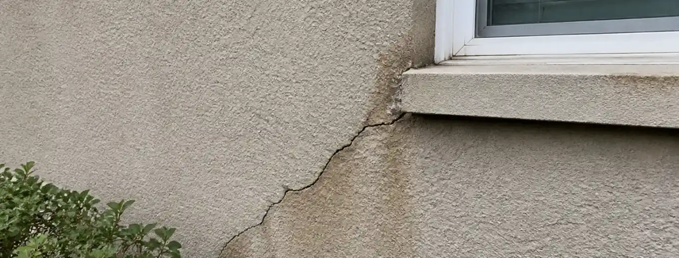 A diagonal stucco crack running from a window frame