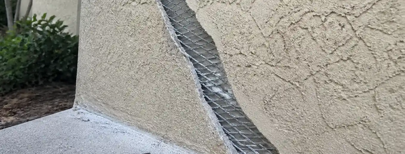 A stucco crack cut back to bare metal lath
