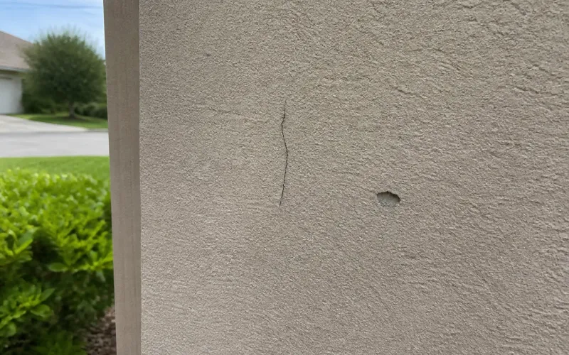 An isolated stucco crack and a small hole on an otherwise sound wall