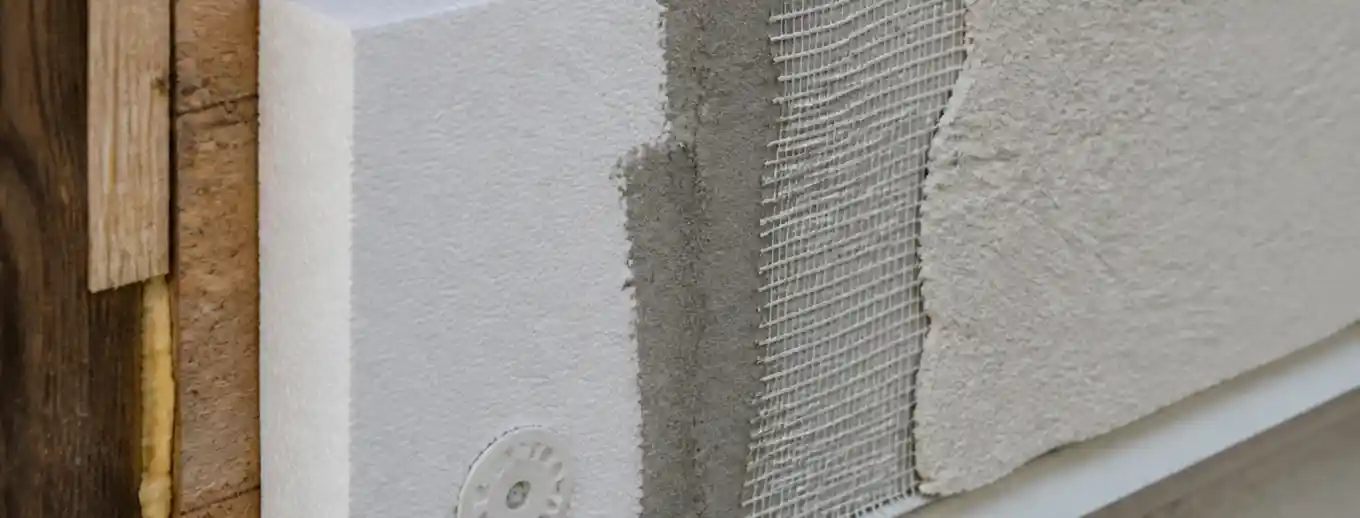 A cross-section of an EIFS wall system showing foam board, base coat, mesh and finish layers