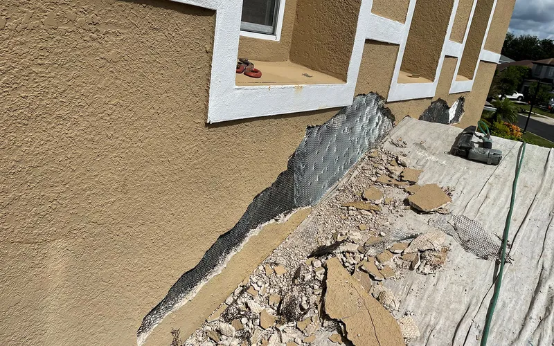 A stucco crack opened back to bare lath