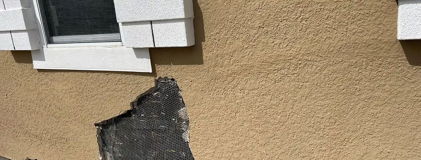 A wall opened to bare metal lath during repair, Central Florida example