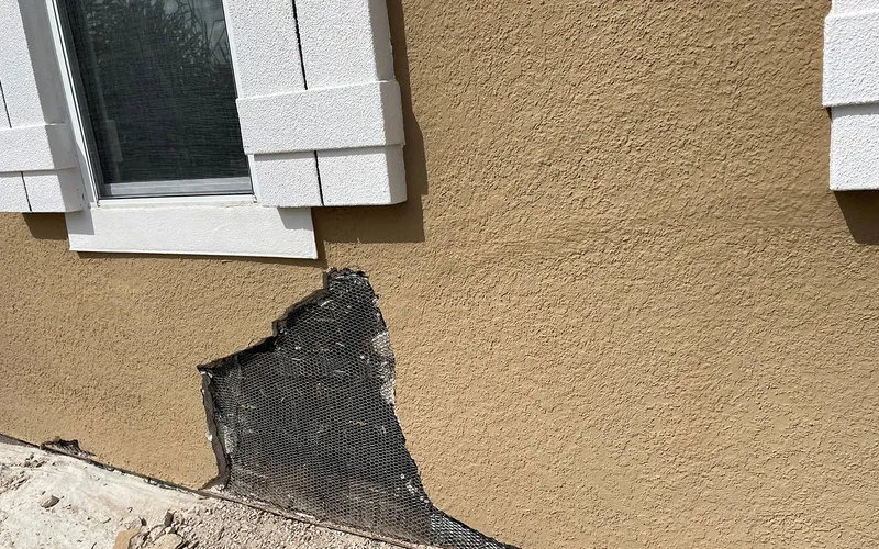 A wall opened up to bare metal lath during a stucco repair